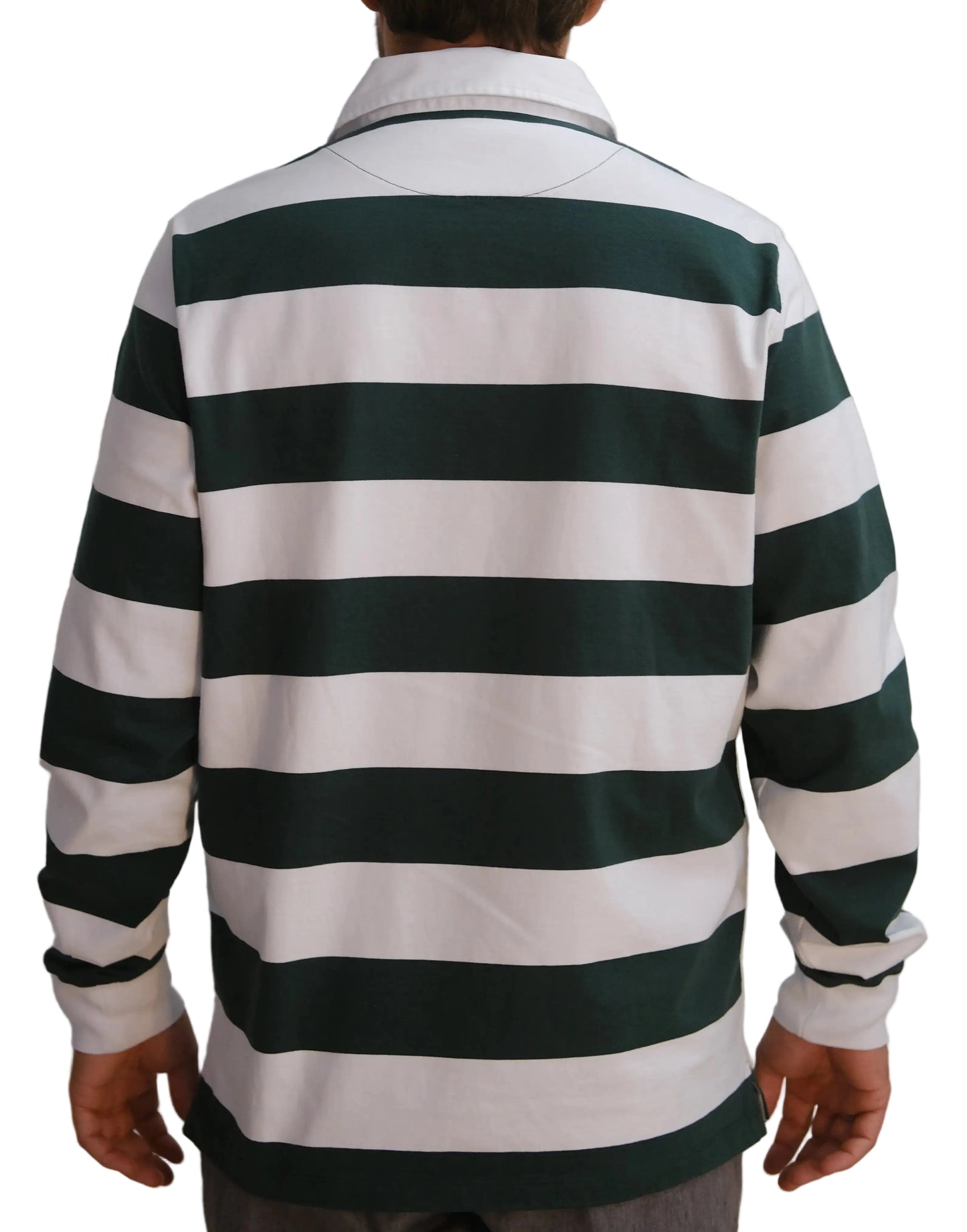 Back view of the Zimbabwe rugby supporters Long-sleeve jersey with green and white horizontal stripes and classic white collar.