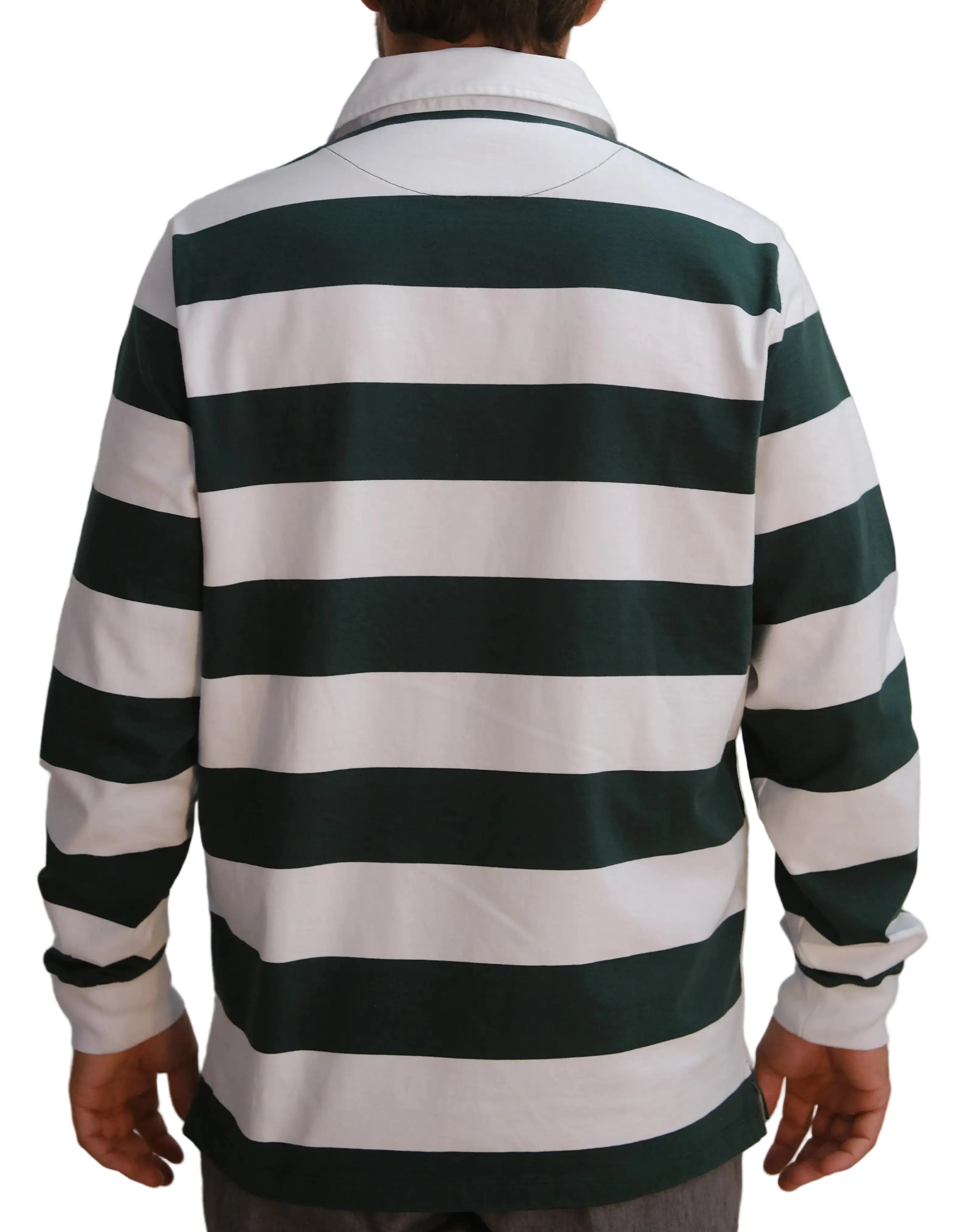 Back view of the Zimbabwe rugby supporters Long-sleeve jersey with green and white horizontal stripes and classic white collar.
