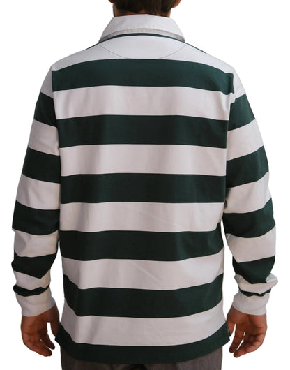 Back view of the Zimbabwe rugby supporters Long-sleeve jersey with green and white horizontal stripes and classic white collar.