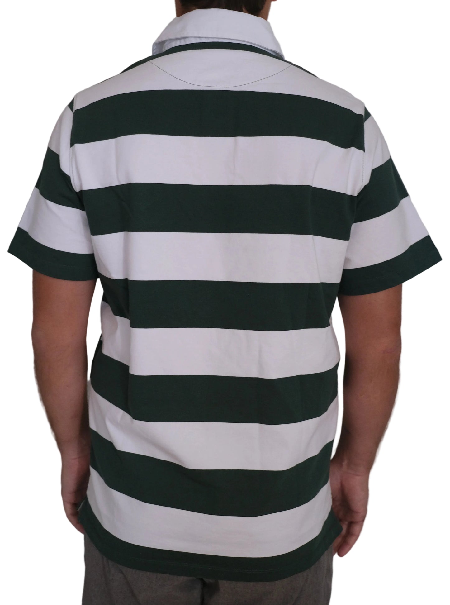 Back view of the Zimbabwe rugby supporters short-sleeve jersey with green and white horizontal stripes and classic white collar.