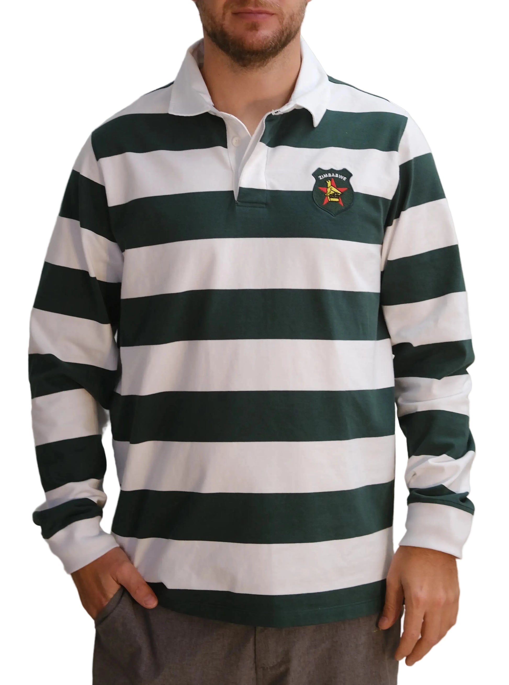 Zimbabwe rugby supporters long-sleeve jersey with green and white horizontal stripes, classic white collar, and embroidered Zimbabwe crest on the chest.