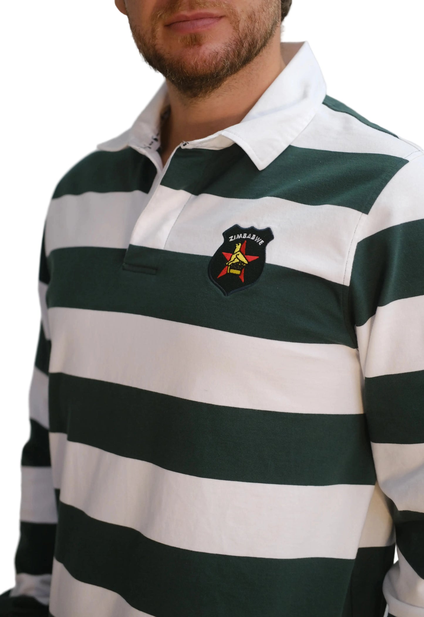 Side view of the Zimbabwe rugby supporters long-sleeve jersey with green and white horizontal stripes, white collar, and embroidered Zimbabwe crest on the chest.
