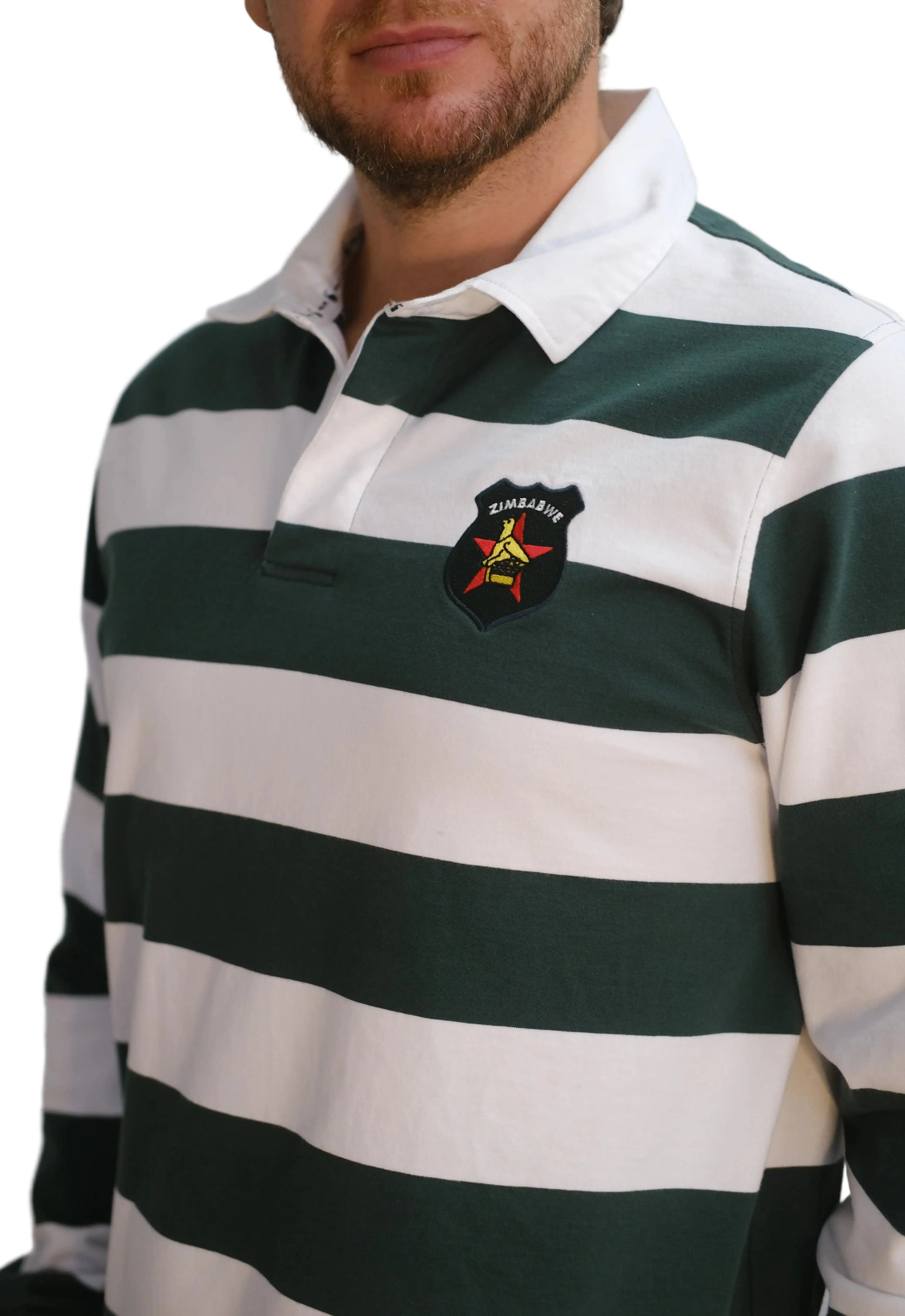 Side view of the Zimbabwe rugby supporters long-sleeve jersey with green and white horizontal stripes, white collar, and embroidered Zimbabwe crest on the chest.