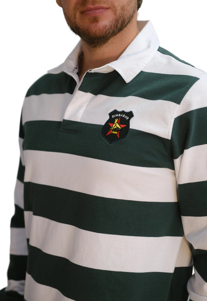 Side view of the Zimbabwe rugby supporters long-sleeve jersey with green and white horizontal stripes, white collar, and embroidered Zimbabwe crest on the chest.