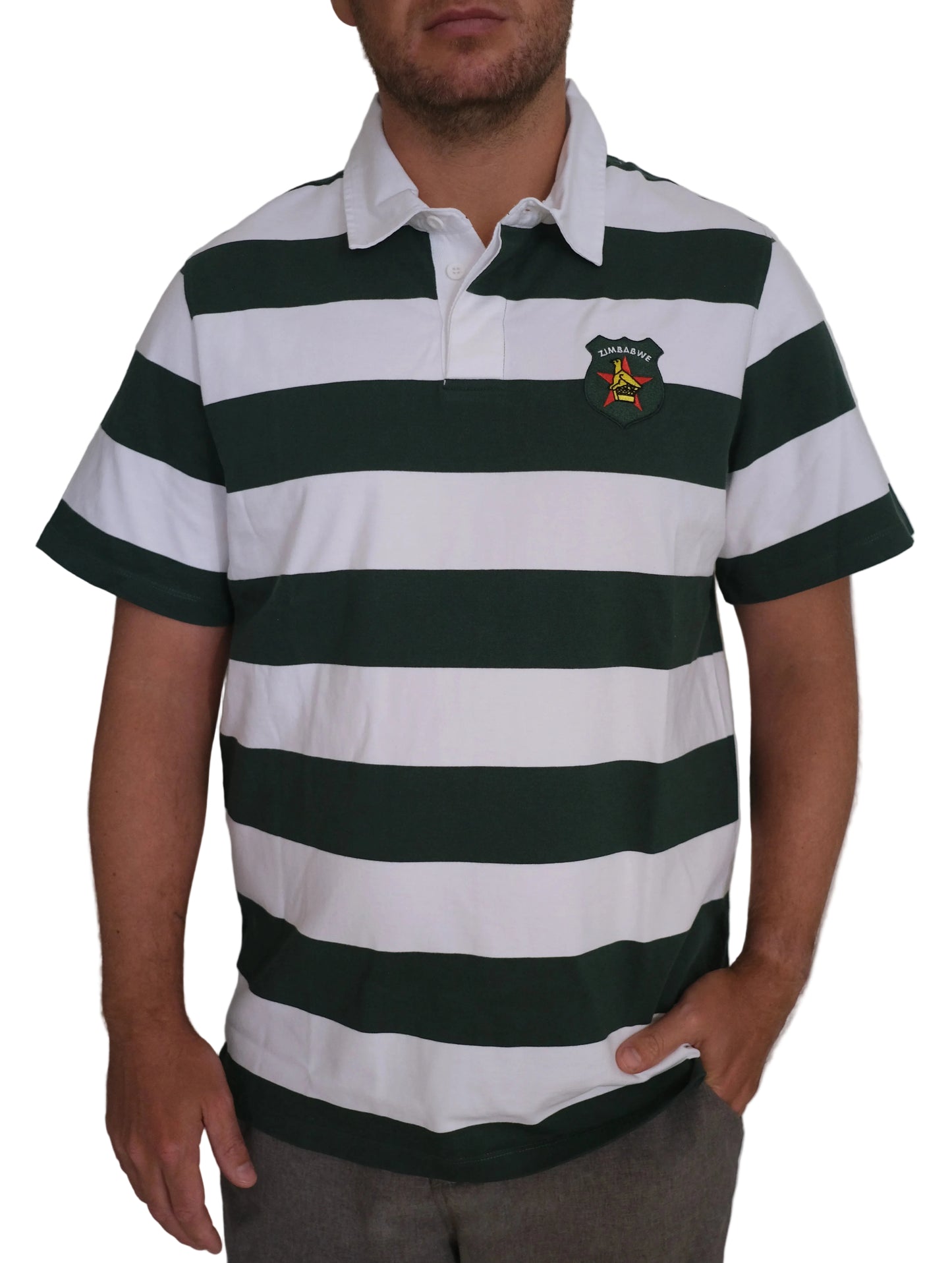 Zimbabwe rugby supporters short-sleeve jersey with green and white horizontal stripes, classic white collar, and embroidered Zimbabwe crest on the chest.