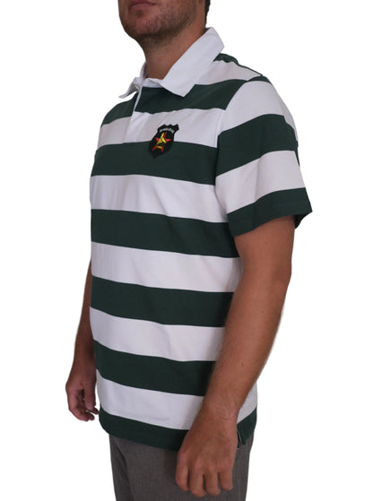 Side view of the Zimbabwe rugby supporters short-sleeve jersey with green and white horizontal stripes, white collar, and embroidered Zimbabwe crest on the chest.
