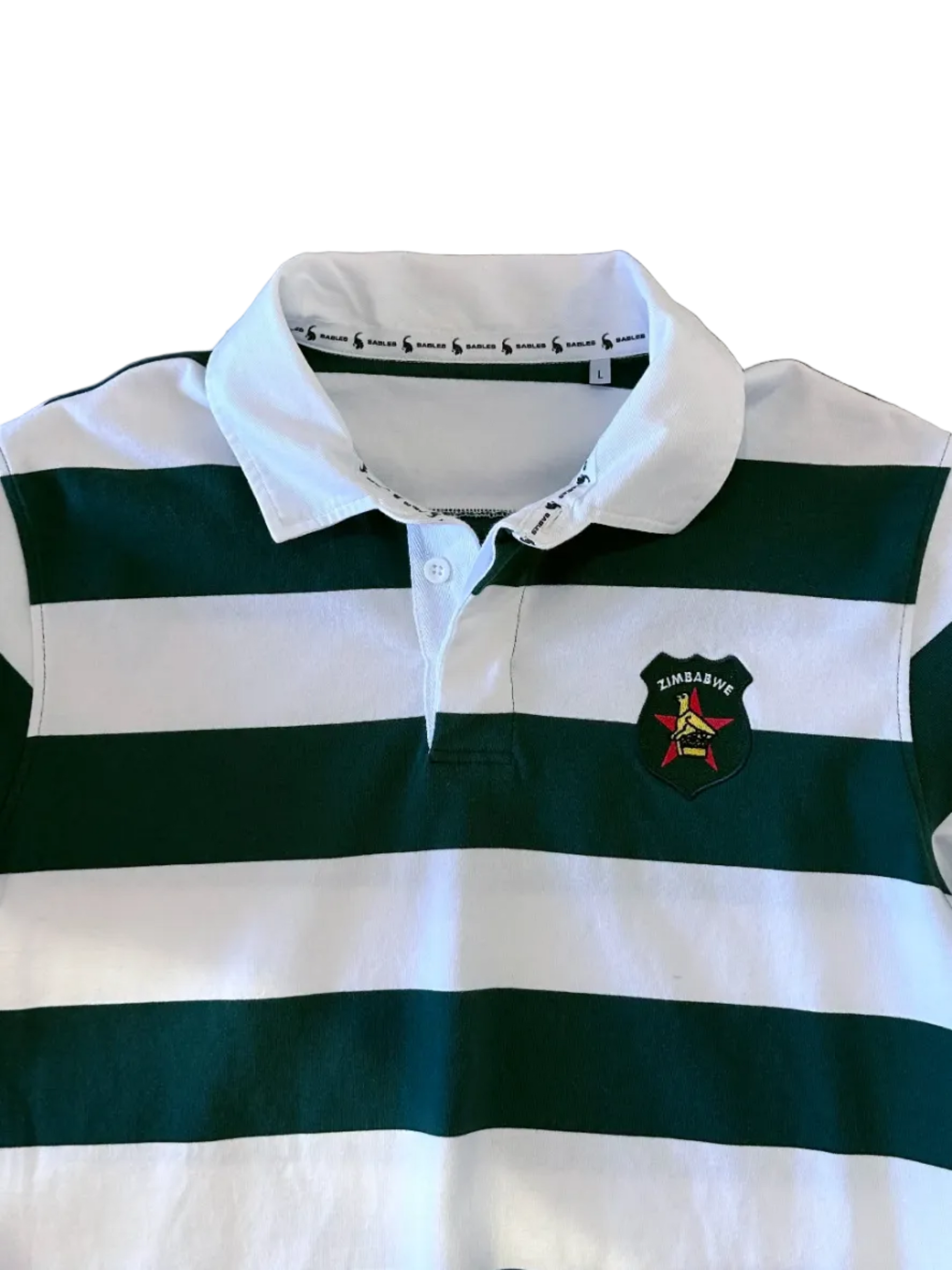 Front view of the Zimbabwe rugby supporters jersey in green and white stripes, featuring a white collar and embroidered Zimbabwe crest on the left chest.